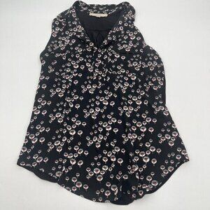LOFT Womens Top Small Sleeveless Floral Collared Preppy Casual Mixed Media Knit
